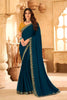 Teal Blue Georgette Saree Embroidered Border Mustard Designer Blouse 