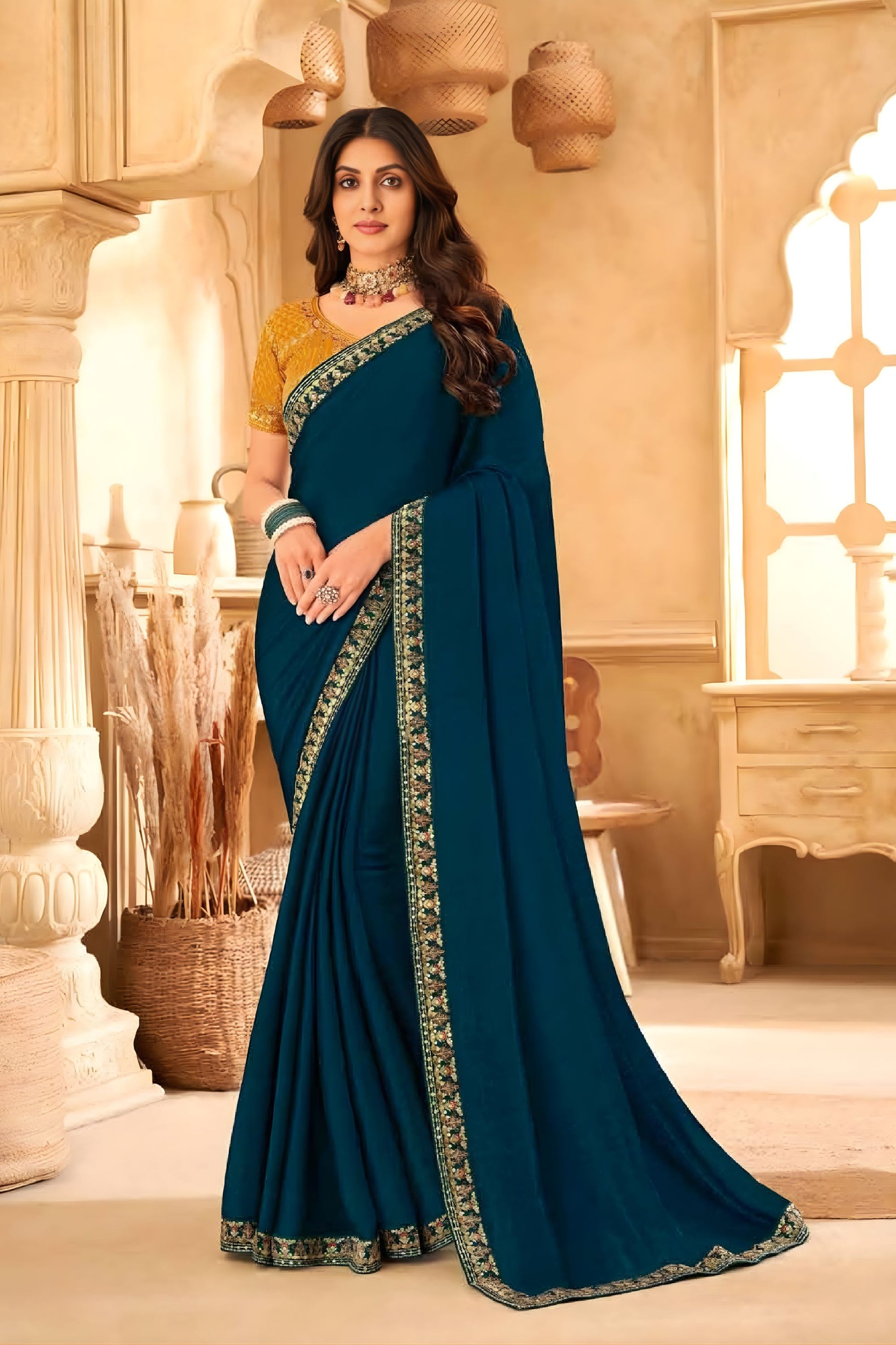 Teal Blue Georgette Saree Embroidered Border Mustard Designer Blouse 