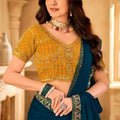 Teal Blue Georgette Saree Embroidered Border Mustard Designer Blouse