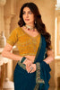 Teal Blue Georgette Saree Embroidered Border Mustard Designer Blouse