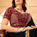 Black Georgette Saree with Embroidered Border Maroon Designer Blouse