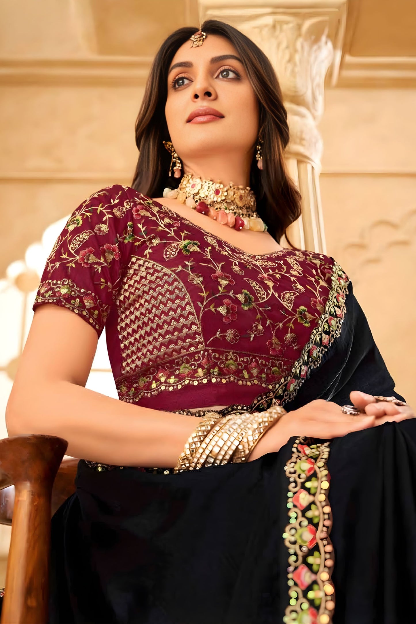 Black Georgette Saree with Embroidered Border Maroon Designer Blouse