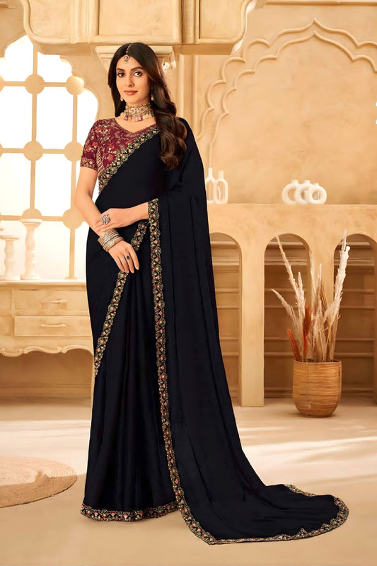 Black Georgette Saree with Embroidered Border Maroon Designer Blouse