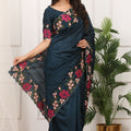 Dark Teal Silk Saree Floral Embroidery Border Designer Blouse