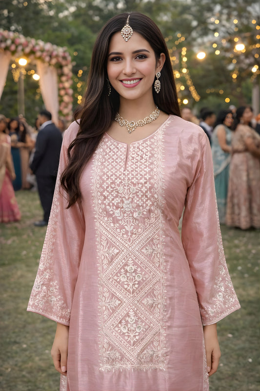 Elegant Blush Pink Chinon Silk Embroidered Straight Salwar Suit with Dupatta