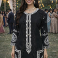 Stunning Black Chinon Silk Embroidered Straight Salwar Suit Set with Dupatta