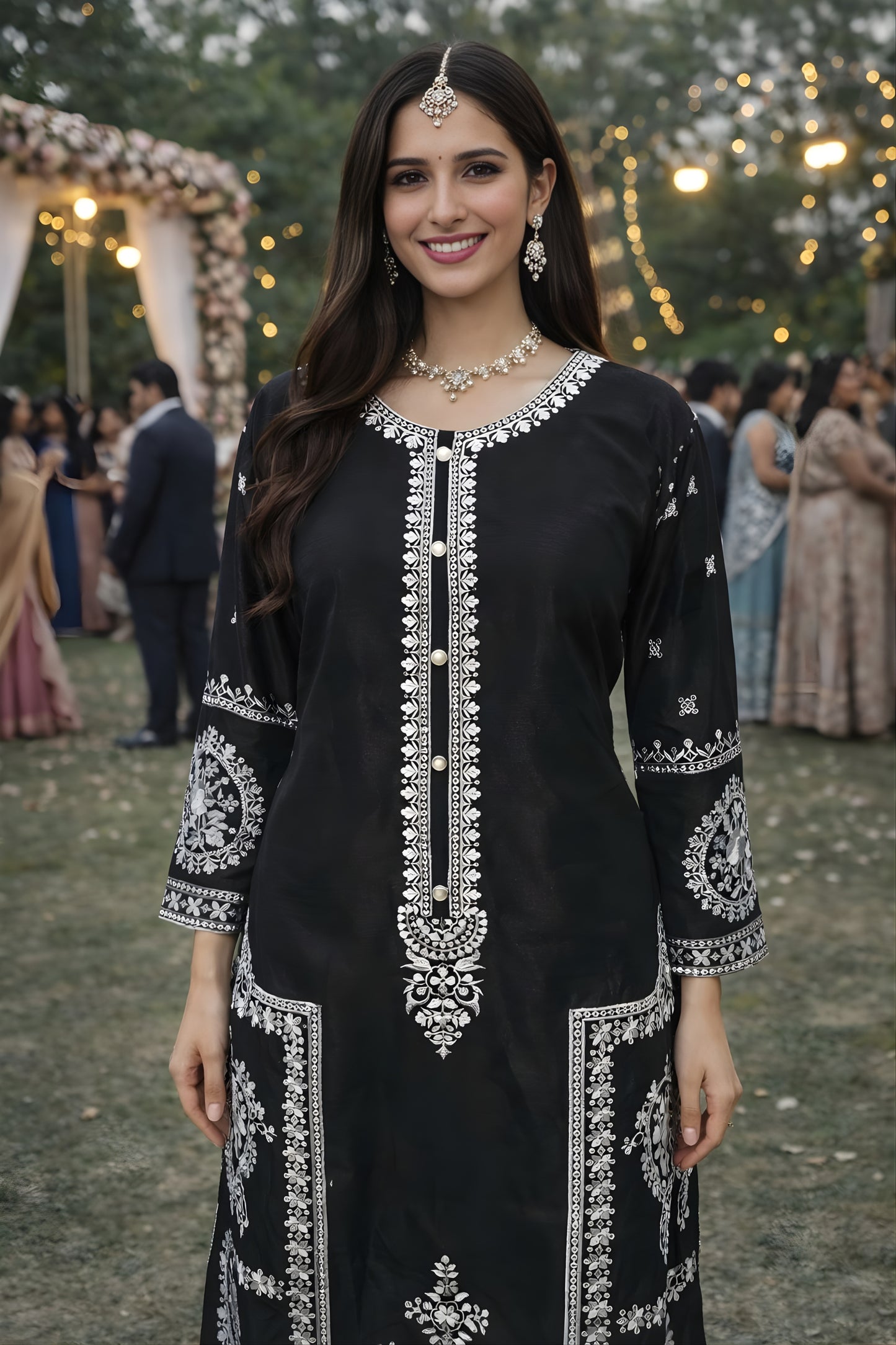 Stunning Black Chinon Silk Embroidered Straight Salwar Suit Set with Dupatta