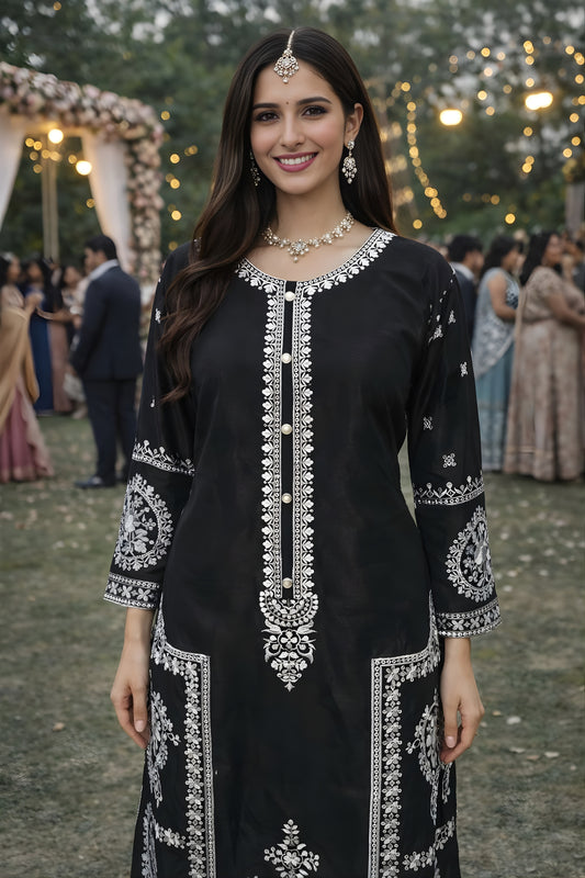 Stunning Black Chinon Silk Embroidered Straight Salwar Suit Set with Dupatta