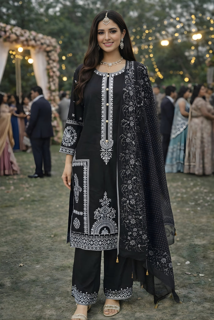 Stunning Black Chinon Silk Embroidered Straight Salwar Suit Set with Dupatta