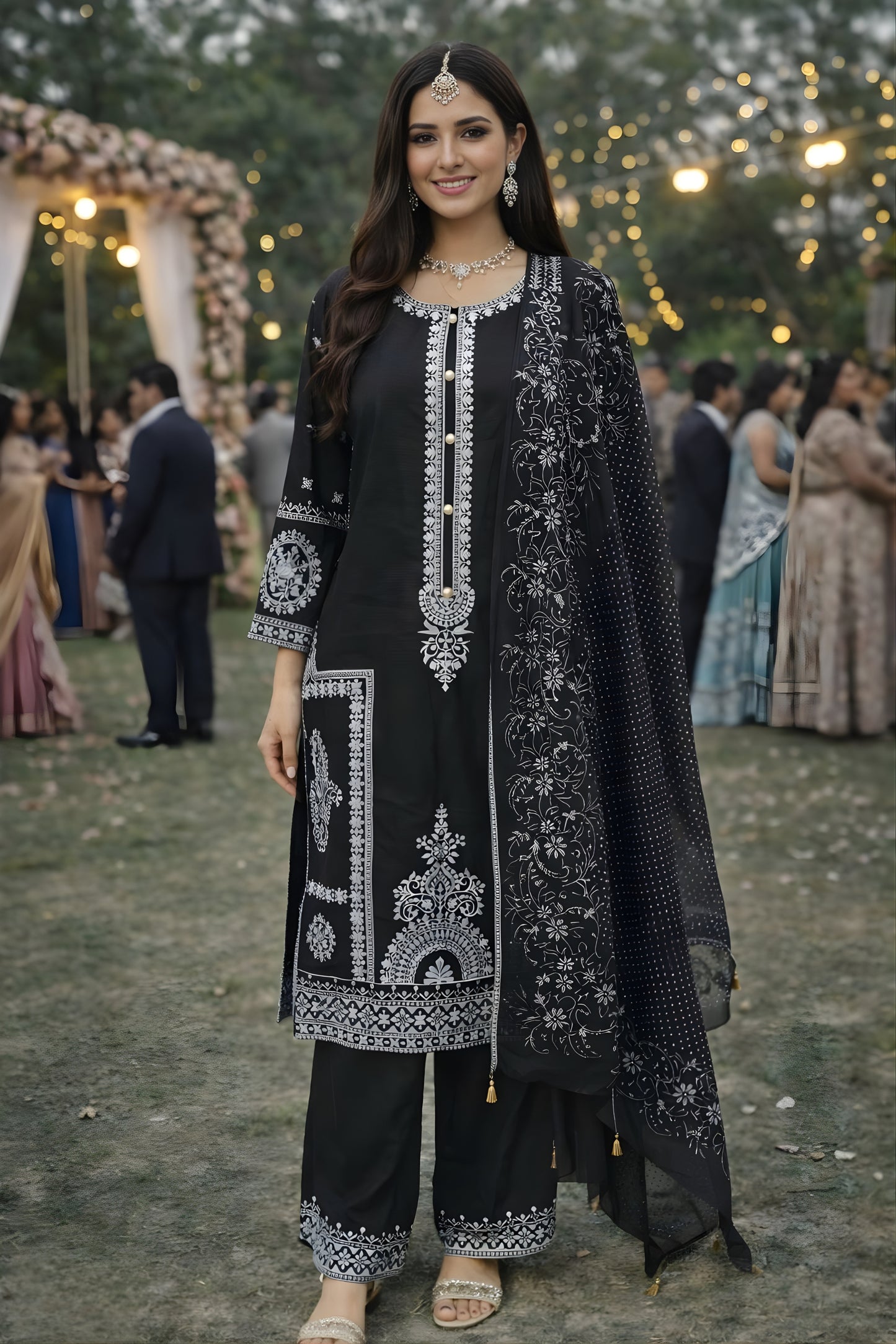 Stunning Black Chinon Silk Embroidered Straight Salwar Suit Set with Dupatta