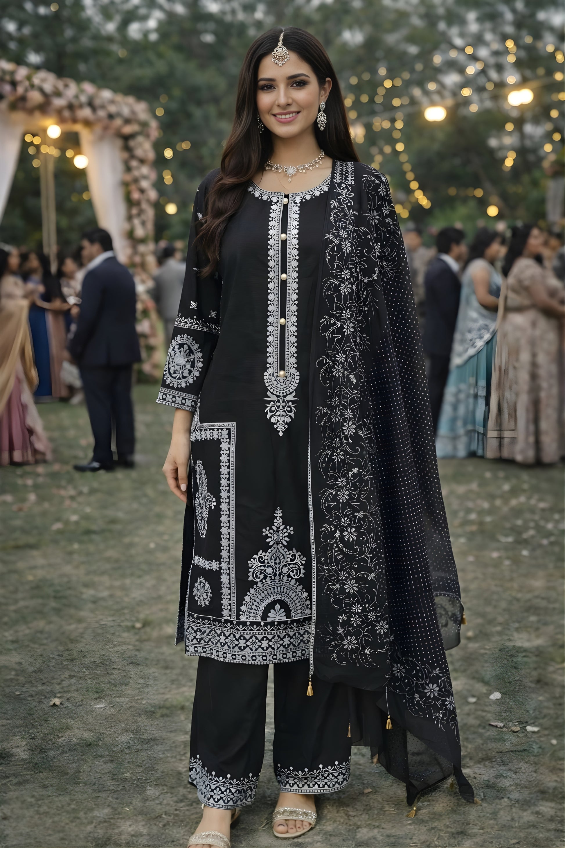 Stunning Black Chinon Silk Embroidered Straight Salwar Suit Set with Dupatta