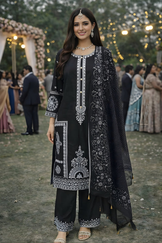 Stunning Black Chinon Silk Embroidered Straight Salwar Suit Set with Dupatta