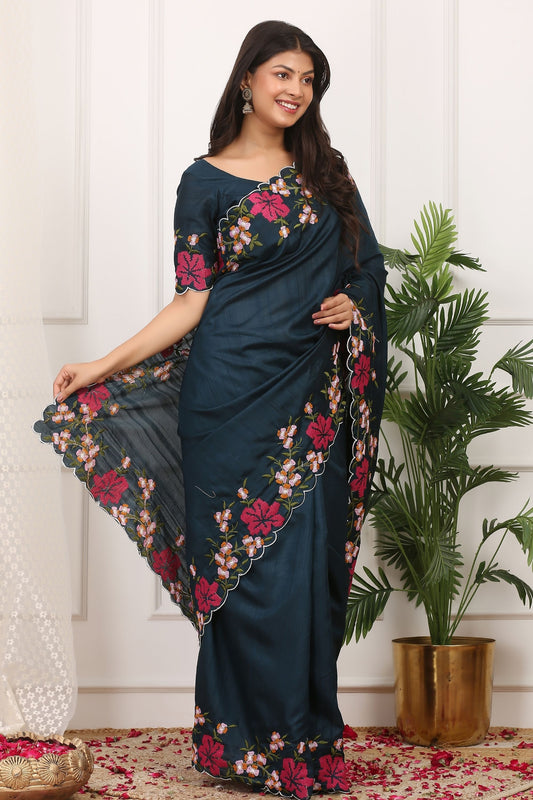 Dark Teal Silk Saree Floral Embroidery Border Designer Blouse