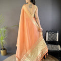 Peach Linen Silk Saree with Rich Golden Zari Border Tassel Pallu