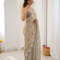 Elegant Beige Designer Embroidered Saree with Silver Floral Work Party Wear