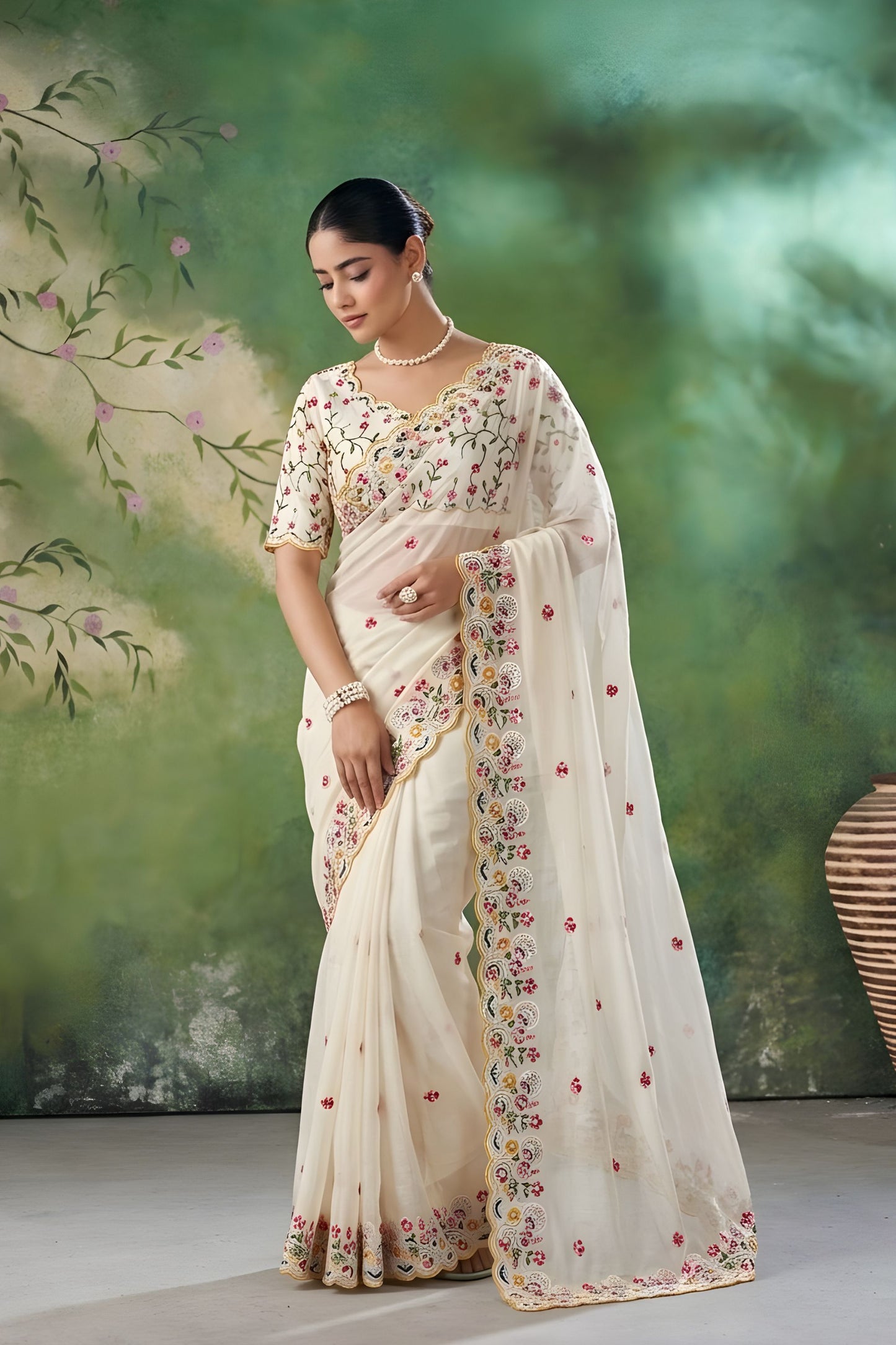 Off White Floral Embroidered Saree with Designer Border and Blouse