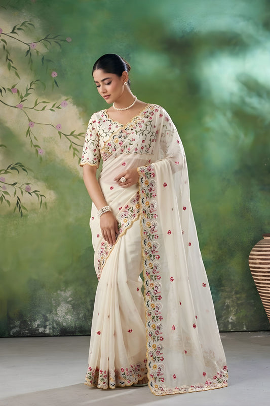 Off White Floral Embroidered Saree with Designer Border and Blouse