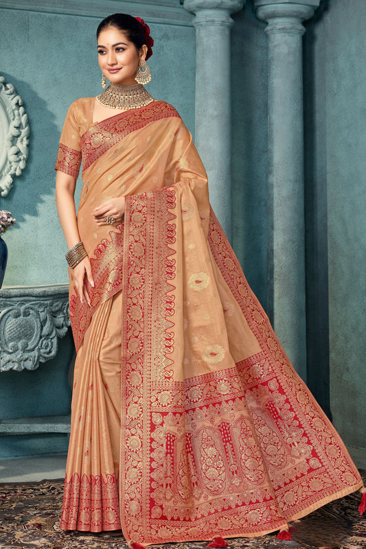 Golden Banarasi Silk Saree with Heavy Red Zari Work and Blouse