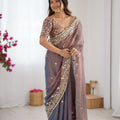 Elegant Mauve Grey Organza Silk Saree with Heavy Designer Blouse