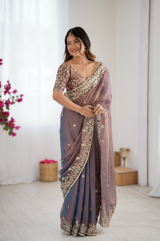 Elegant Mauve Grey Organza Silk Saree with Heavy Designer Blouse