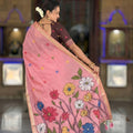 Pink Linen Silk Saree with Multicolor Floral Print Woven Border