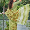Pistachio Green Linen Cotton Saree Floral Paisley Embroidery Tassel Pallu