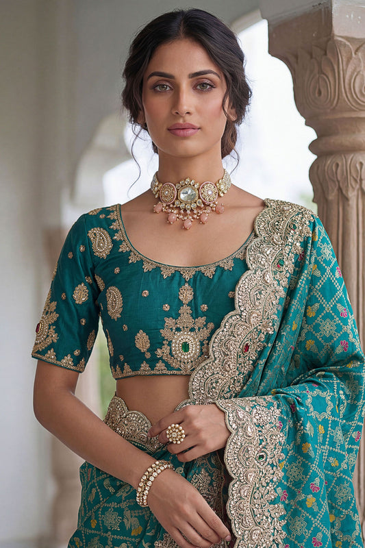 Teal Green Banarasi Silk Saree Heavy Zari Embroidery Rich Designer Border