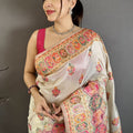 Off White Soft Silk Saree Pink Gold Traditional Woven Border