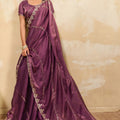 Wine Purple Silk Blend Saree Golden Zari Embroidery Designer Blouse 