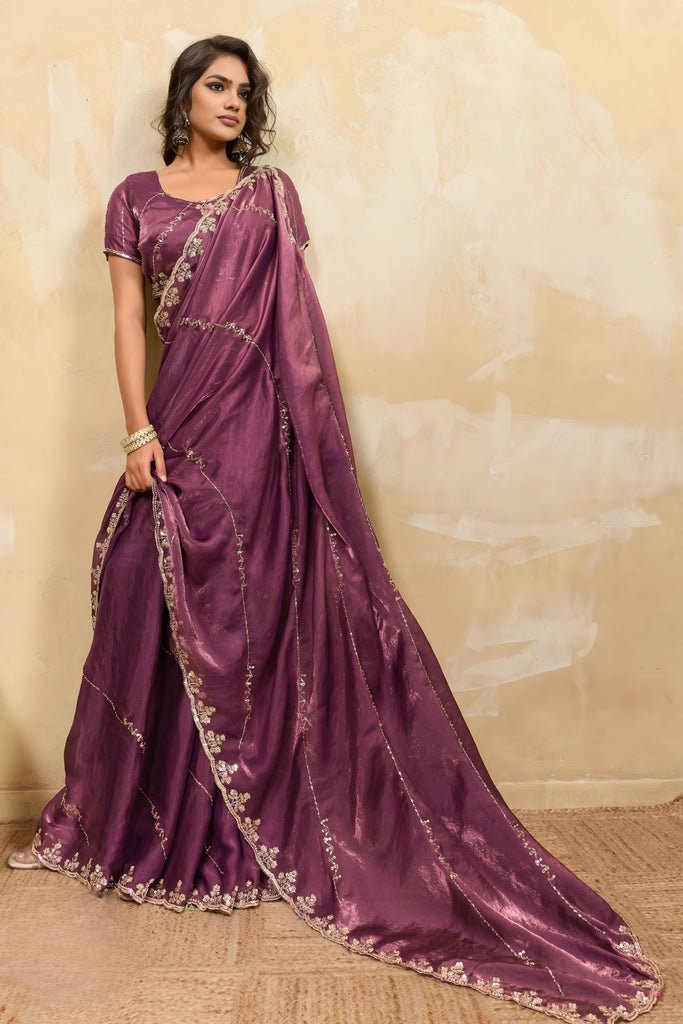 Wine Purple Silk Blend Saree Golden Zari Embroidery Designer Blouse 