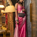 Pink Banarasi Silk Saree with Silver Zari Weaving Designer Border