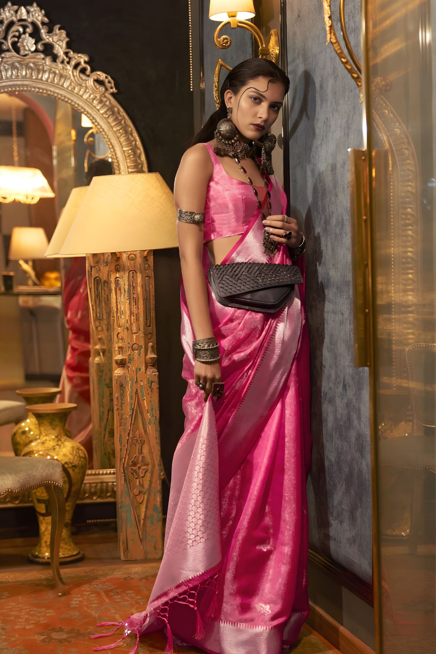 Pink Banarasi Silk Saree with Silver Zari Weaving Designer Border