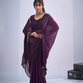 Purple Organza Saree with Black Floral Embroidery Designer Party Wear Saree