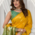 Mustard Yellow Kanjivaram Silk Saree Green Zari Border Traditional Wear Saree