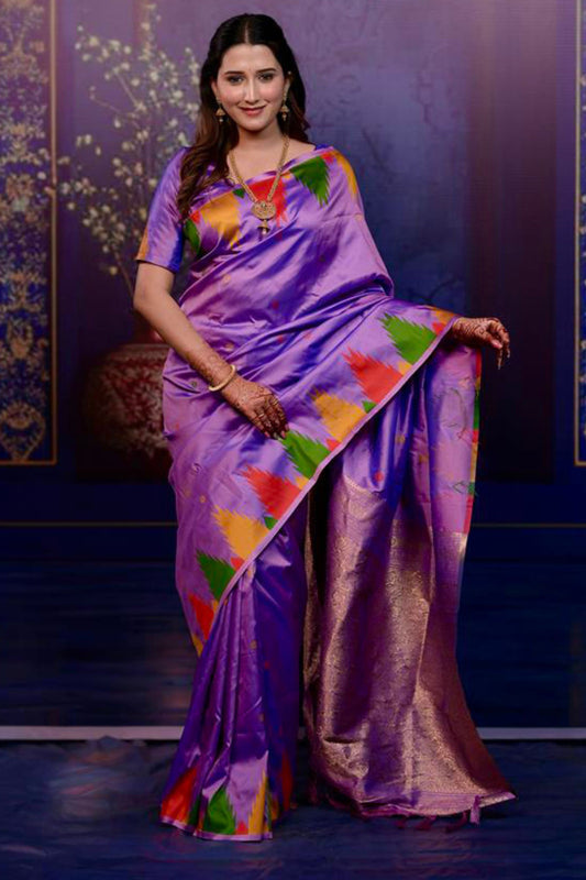 Lavender Soft Silk Saree with Multicolor Designer Border Rich Zari Pallu
