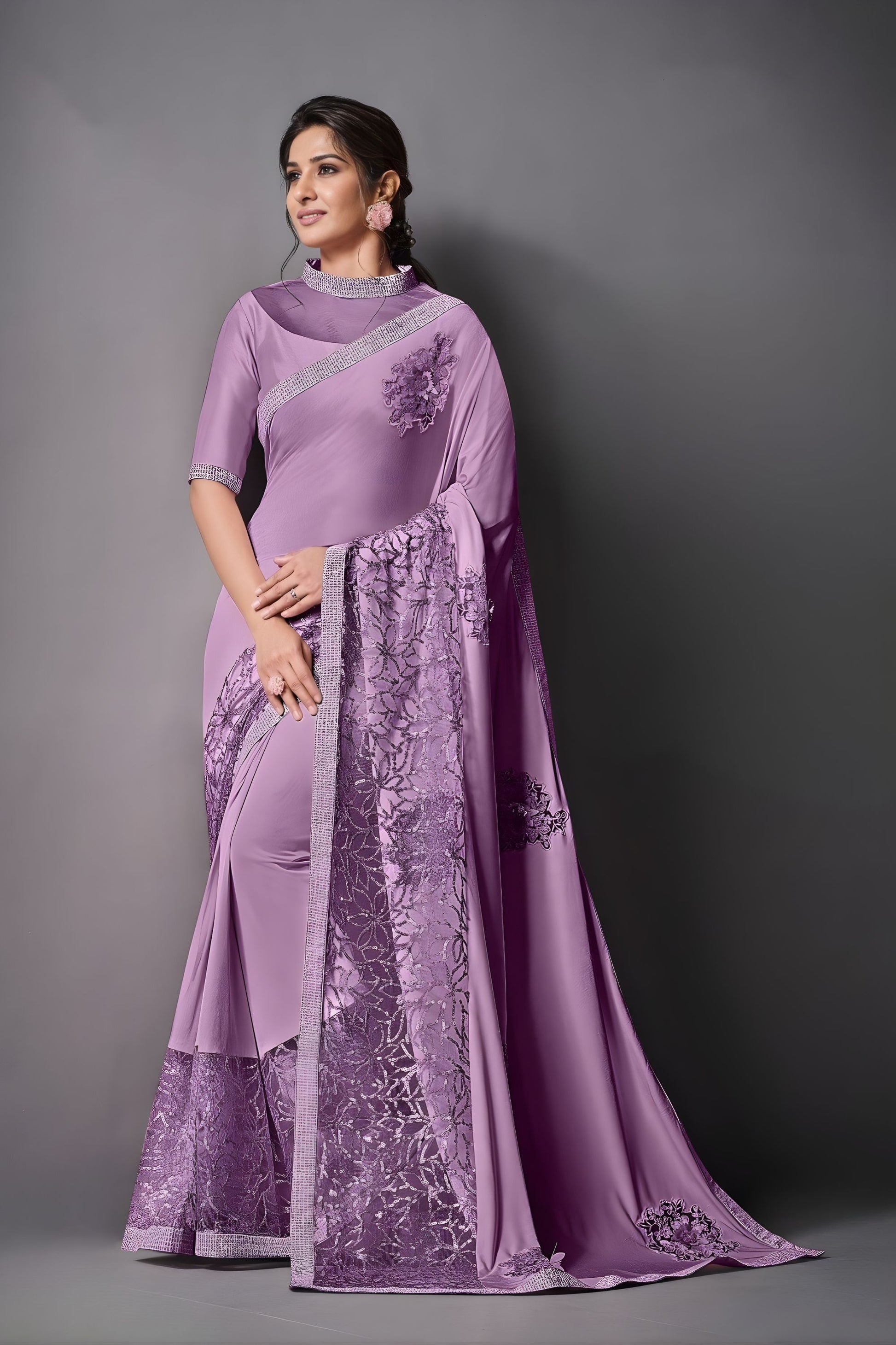  Lavender Embroidered Georgette Saree with Designer Blouse