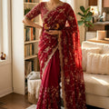  Wine Red Organza Saree Heavy Sequins Embroidery Designer Blouse