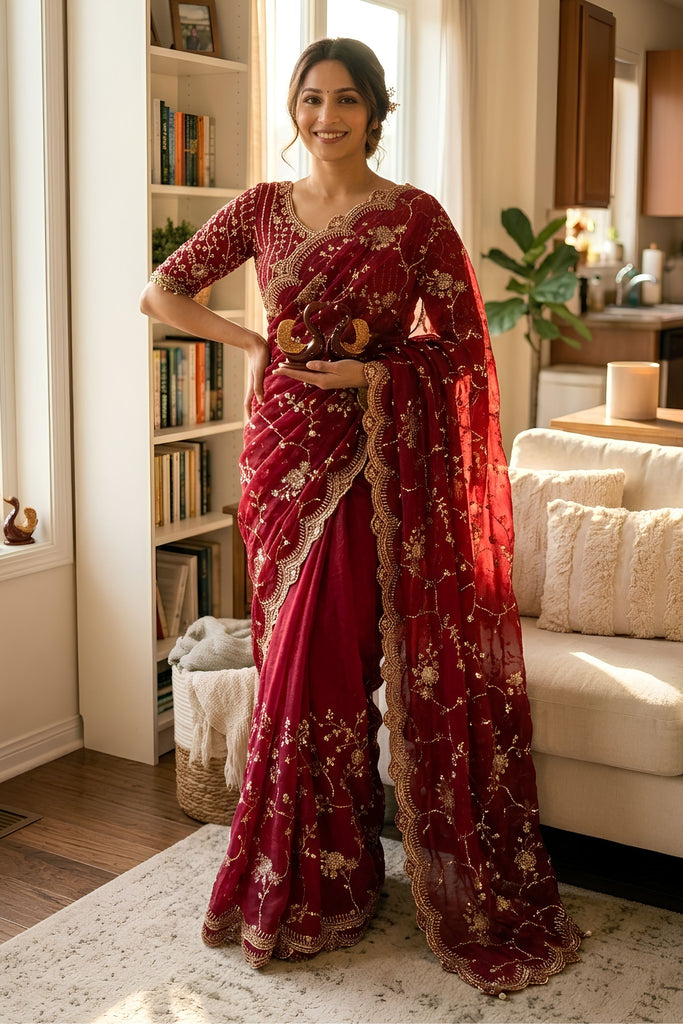  Wine Red Organza Saree Heavy Sequins Embroidery Designer Blouse