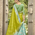 Lime Green Banarasi Silk Saree Sky Blue Zari Border Traditional Saree
