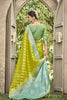 Lime Green Banarasi Silk Saree Sky Blue Zari Border Traditional Saree