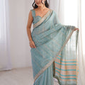 Elegant Sky Blue Linen Designer Saree with Mirror Work Border