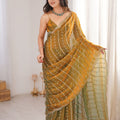 Luxury Mustard Gold Organza Silk Saree Zari Embroidery Designer Blouse