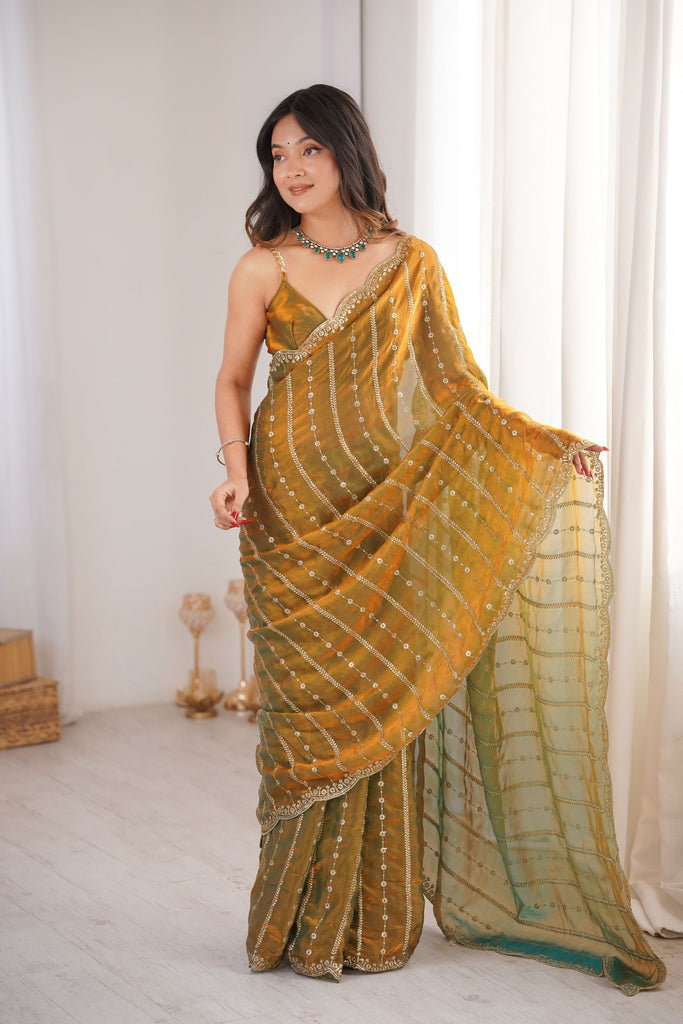 Luxury Mustard Gold Organza Silk Saree Zari Embroidery Designer Blouse