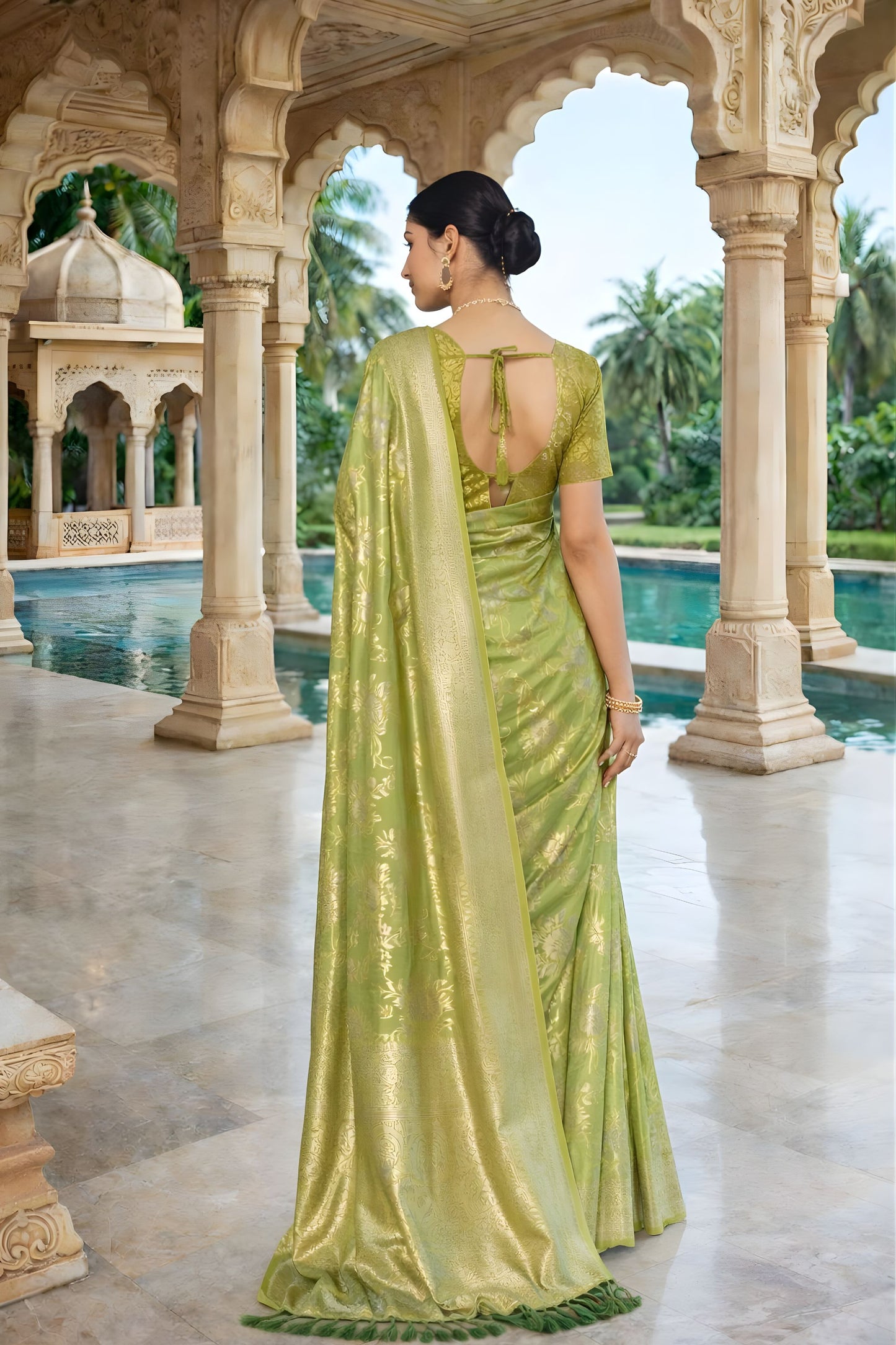 Green Silk Saree with Gold Zari Floral Weaving Traditional Wear Saree