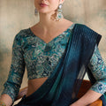 Teal Blue Satin Saree with Printed Designer Blouse Festive Wear