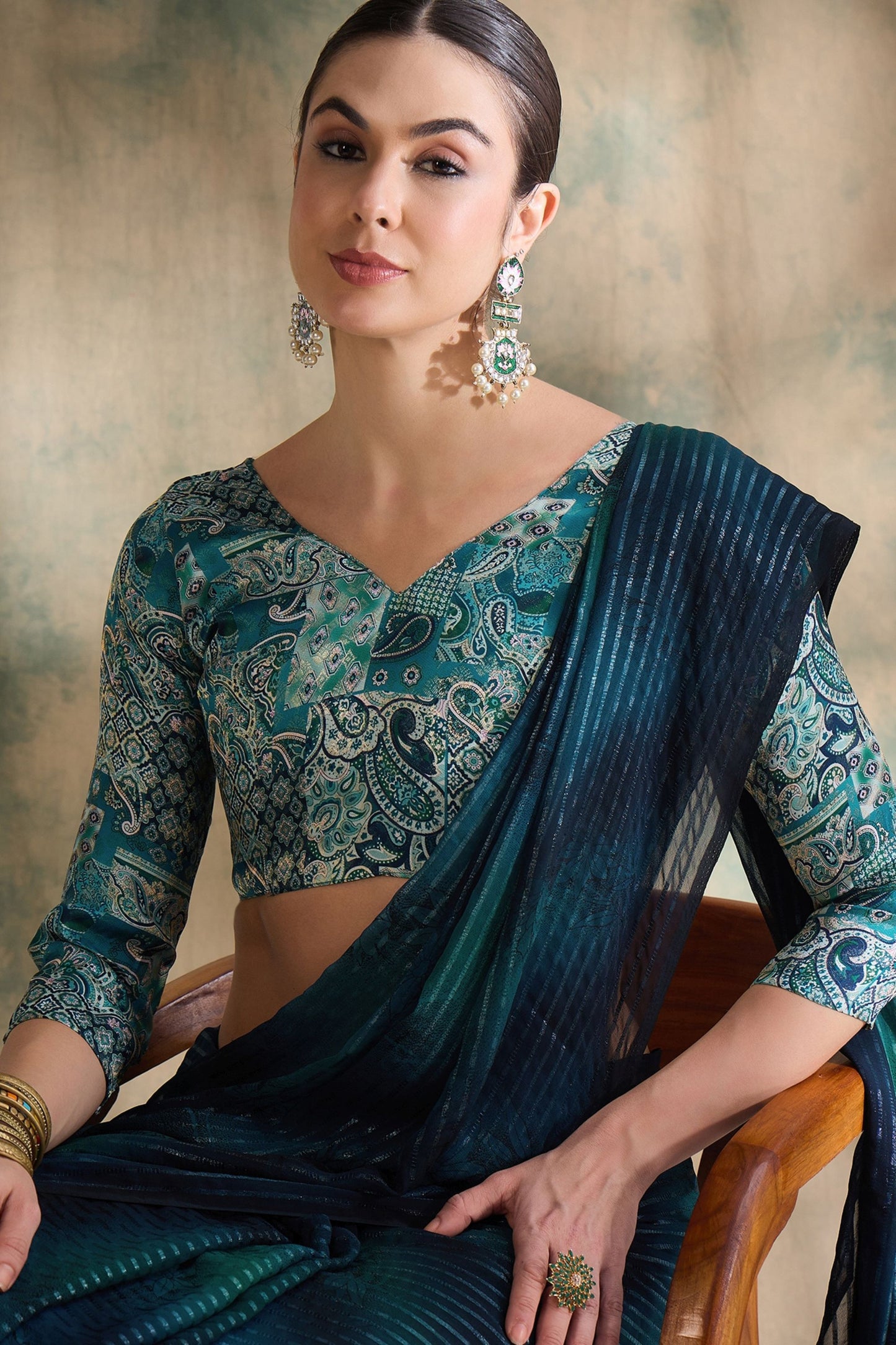 Teal Blue Satin Saree with Printed Designer Blouse Festive Wear