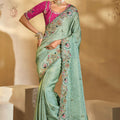 Mint Green Banarasi Silk Saree Contrast Magenta Blouse