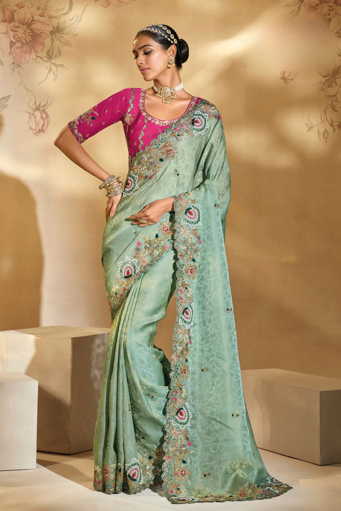 Mint Green Banarasi Silk Saree Contrast Magenta Blouse