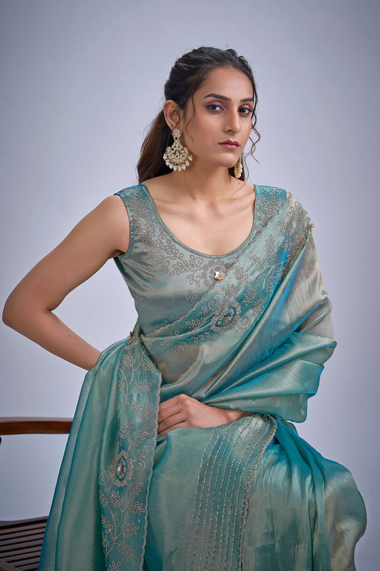 Sea Green Silk Saree with Zari Embroidery Designer Blouse