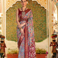 Sky Blue and Maroon Printed Linen Silk Saree Designer Border